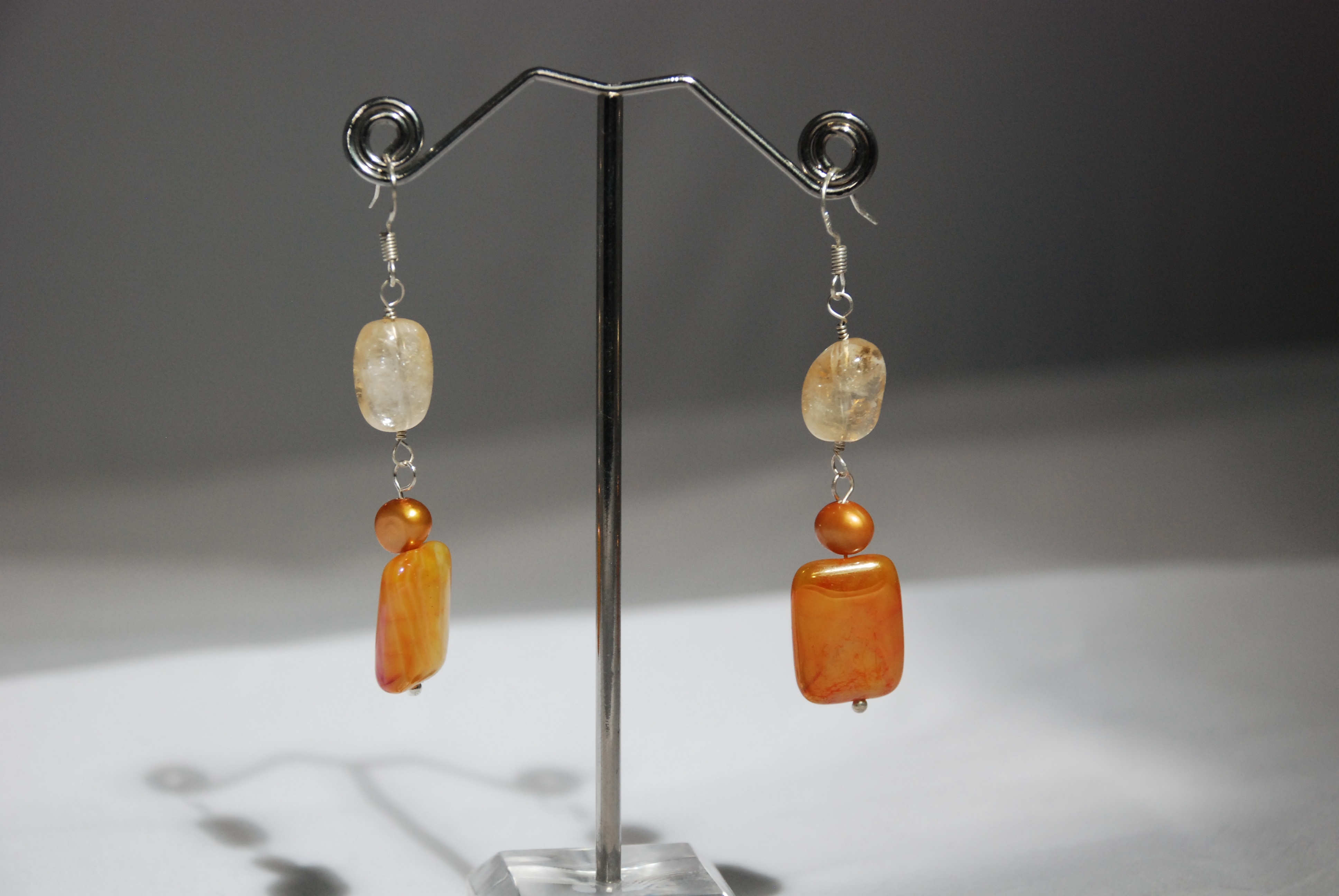 agate drop and real amber pearl golden brass petal amber and gold earrings art nouveau plum